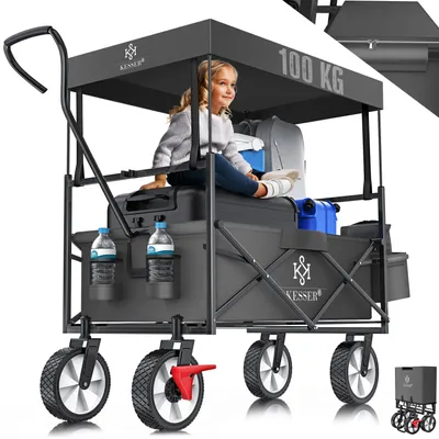 Produktbild von KESSER® Bollerwagen faltbar mit Dach Handwagen Transportkarre Gerätewagen | inkl. 2 Netztaschen und Einer Außentasche | klappbar | Vollgummi-Reifen | bis 100 kg Tragkraft | Mit Vorderrad-Bremse