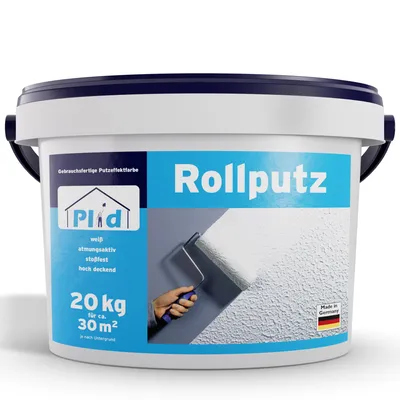 Zdjęcie produktu dla Plid® Tynk do nakładania wałkiem do wnętrz i na zewnątrz, drobnoziarnisty, biały matowy [20 kg] – oddychający, o wysokiej sile krycia, gotowy do użycia – tynk do nakładania wałkiem i pędzlem, gruboziarnisty i drobnoziarnisty – tynk do wnętrz