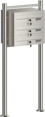 Produktbild von Wiltec 3er Briefkastenanlage Edelstahl 556 x 270 x 1200 mm, Standbriefkasten mit 3 Fächern, Schlüssel und Namensschild, Briefkasten Postkasten mit Ständer