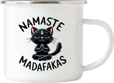 Produktbild von Namaste Madafakas Emaille-Tasse Geschenkidee für Yoga-Fans und Katzenliebhaber