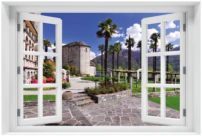 Produktbild von Wallario Premium Glasbild mit Fensterrahmen, freischwebende Optik, kräftige Farben, Größe 60 x 90 cm Motiv Palmen im Süden