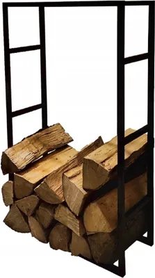 A black metal firewood rack filled with logs.
