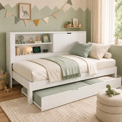 Zdjęcie produktu dla Abrihome Rozkładana sofa Łóżko dzienne 90×190 cm z wysuwanym łóżkiem, łóżko dziecięce Łóżko drewniane z schowkiem, stelażem i portem USB, białe