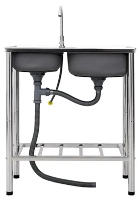 Produktbild von Camping-Spüle mit zwei Becken und Wasserhahn aus Edelstahl
