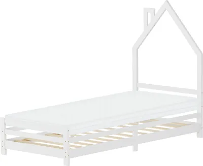 Obrázek produktu pro ML-Design dětská postel domeček 90x200 cm bílá s matrací v:10cm, dětská postel domeček, dřevěná postel s lamelovým roštem, komínový design, masivní borovicové dřevo