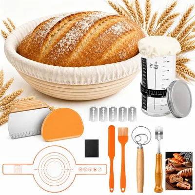 Produktbild von Sauerteig Starterset Brotbackset Gärkorb - 16-teilig - Gärkorb aus Rattan - Sauerteigglas mit Thermometer - Für Brotbäcker