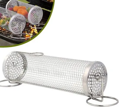 Produktbild von Rolling Grillkorb, zylindrischer Edelstahl-Grillkorb mit Ständer, für den Außengrill, Gemüse, Fisch, Fleisch, Grillen, Pommes frites, Grillzubehör Camping-Essentials (1, 30 x 9 x 9 cm)