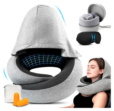 Produktbild von Nackenkissen Flugzeug, Reisekissen, Verstellbarer Reisekissen Memory Foam mit Kapuze Unterstützt Kopf Nacken Nackenhörnchen Erwachsene mit Schlafmaske, Ohrstöpsel, Tragetasche für Flugzeug, Auto, Zug
