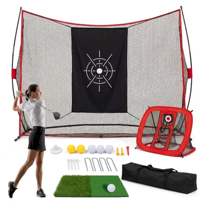 Image de Filet d'entraînement pour le golf - Simulateur de swing - 305 x 213 cm - Filet de chipping - Double tapis synthétique - Cibles en tissu - Balles et tees - Sac de transport