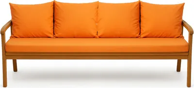 A front view of an orange sofa with cushions on a white background.