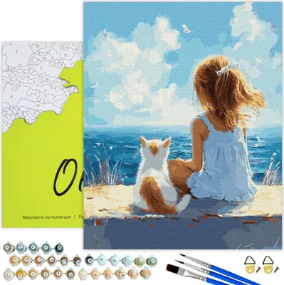 Immagine prodotto di Oh Art! Pittura con i numeri per bambini Ragazza con gatto al mare 40x50 cm - Set fai da te su tela con cornice, colori acrilici, 3 pennelli e accessori - Idea regalo