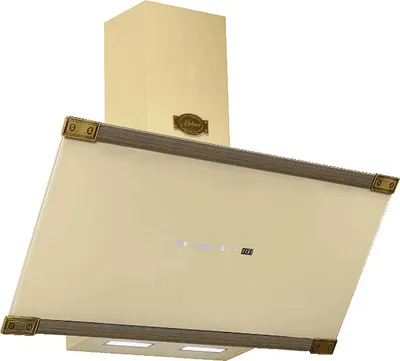 A cream-colored kitchen range hood with brown trim and gold accents, shown against a white background.