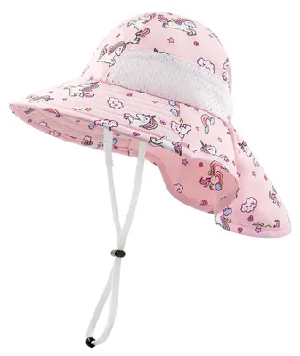 Immagine prodotto di Cappello da sole per bambini, unisex, con protezione per il collo, a secchiello, rosa, con motivo unicorno, per bambini da 6 a 24 mesi