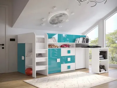 Obrázek produktu pro Zvýšená multifunkční dětská postel 90x200 LANKA 1 - bílá / lesklá bílá / lesklá tyrkysová