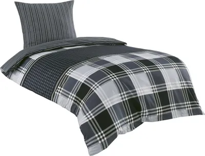 Produktbild von Baumwolle Renforce Bettwäsche 155x200 + 80x80 grau schwarz kariert Wendebettwäsche Ramos