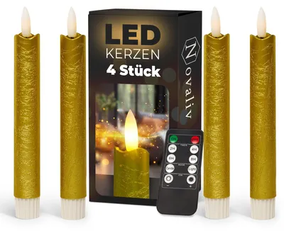 Produktbild von Stabkerzen LED mit Timer GOLD 4 Stück indoor 6 Stunden - ECHTWACHS 18cm Höhe für Kerzen 2,2cm Durchmesser 2 AAA Batterien notwendig LED Stabkerzen flackernde Flamme bewegliche Flamme Licht