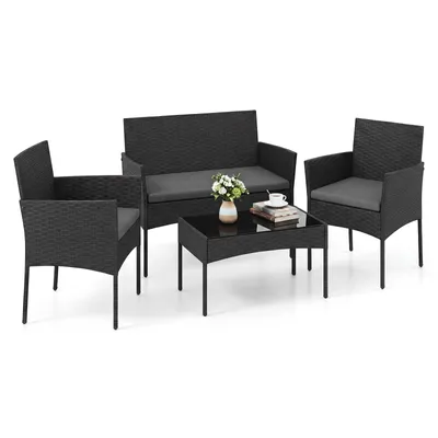 Immagine prodotto di Set di mobili da giardino in polyrattan COSTWAY, set da giardino per esterni, set di sedute con 2 sedie, panca, tavolo e cuscini, mobili da terrazza, mobili da balcone grigio