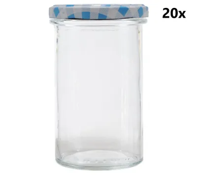 Obrázek produktu pro Zavařovací sklenice 545 ml STURZ / ROVNÁ čirá 20 ks VČETNĚ KÁRO MODRÝCH VÍČEK, Počet kusů v balení: 20