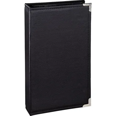 A black photo album with silver corner protectors, shown against a white background.