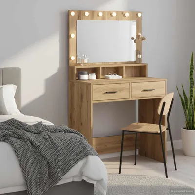 A bedroom scene with a vanity table and chair.