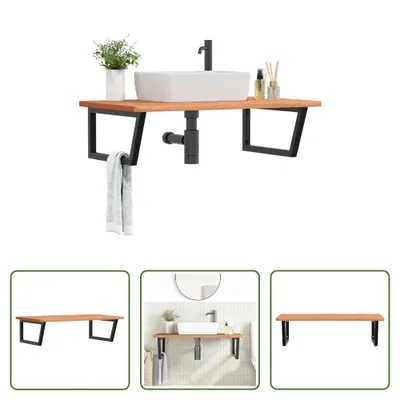 Image de The Living Store Étagère de lavabo murale en acier et bois massif de hêtre