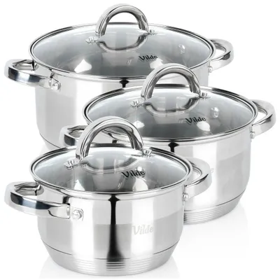 Immagine prodotto di Vilde | Set pentole 3 pezzi - con coperchi in vetro - 1,75 / 3,4 / 5,8 L - Acciaio inox - INOXCELLENT