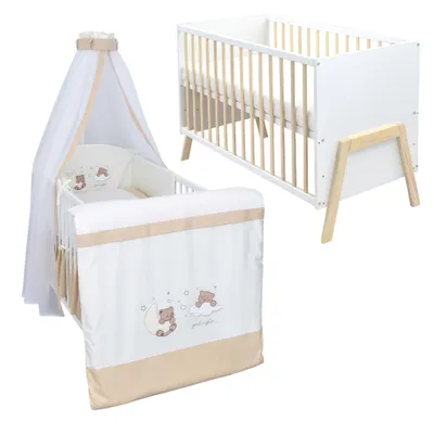 Produktbild von Babybett Kinderbett Gitterbett Juna 60x120 Weiß Schutzgitter Matratze Bettwäsche Set 10tlg Traumland Beige