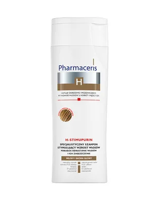 A white bottle of Pharmaceris H-Stimupurin shampoo against hair loss.