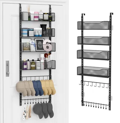 Produktbild von Türorganizer, 2-in-1 Kleiderschrankorganizer und Hutablage aus Metall mit 4 verstellbaren Körben, 8 Haken, 10 Clips, Aufbewahrung hinter der Tür für Schlafzimmer, Badezimmer (schwarz)