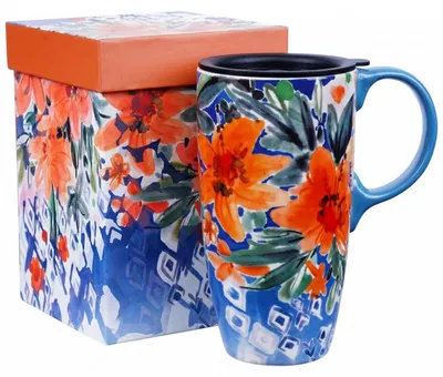 Immagine prodotto di Tazza in Vetroceramica da 500 ml con coperchio, decorata con un motivo floreale in stile acquerello