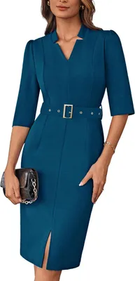 Productafbeelding van Midi-jurk voor dames met driekwartmouwen, V-hals en afneembare riem, blauw