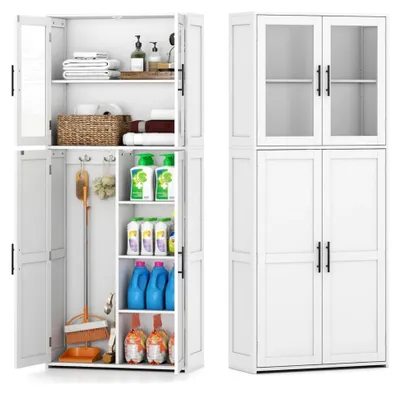 Produktbild von Mehrzweckschrank in Weiß, Besenschrank mit Staubsaugerfach, Regalen und Haken, Putzschrank für Haushalt, 70 x 30 x 168 cm