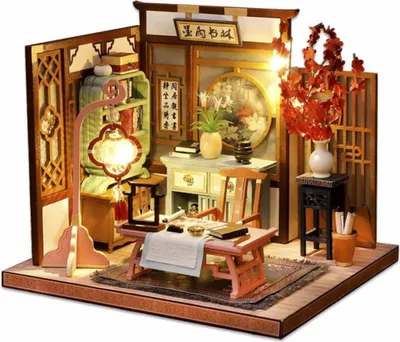 Produktbild von Habarri | Miniaturhaus - DIY-Puppenhaus - Holzhaus mit Möbeln und LED-Beleuchtung - Geschenk für Kinder - Mystische Kalligraphie