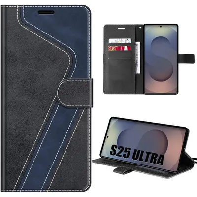 Image de Coque pour Samsung Galaxy S25 Ultra, Protection Antichoc Anti-Rayures Effet Cuir Noir Bleu Marine