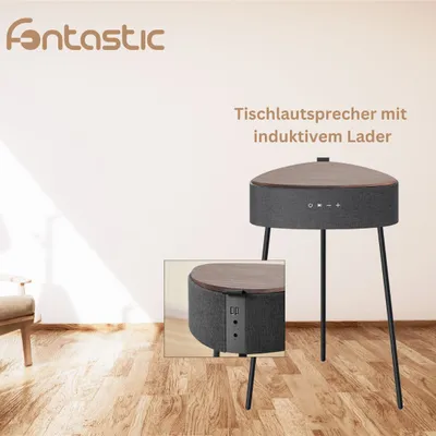 Produktbild von Fontastic Prime Drahtloser Lautsprecher Mesu Tisch Design sw+Holz TWS, Walnussholz Tischplatte, Induktives Laden