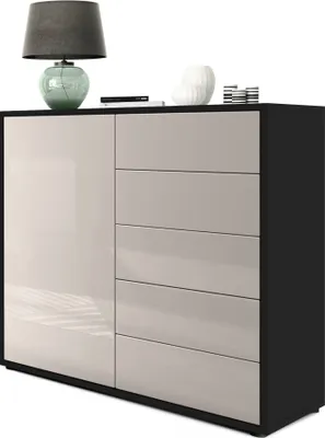 Produktbild von Vladon Sideboard Ben V2,  Germany, Kommode mit 1 Tür und 5 Schubladen, Schwarz matt/Sandgrau Hochglanz (79 x 74 x 36 cm)