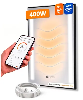 Produktbild von Dalsys Infrarotheizung Spiegel 80x60cm 400W mit schwarzem Rahmen – Infrarot Spiegelheizung Bad mit LED Licht, Antibeschlagfunktion sowie WLAN-, App- und Sprachsteuerung