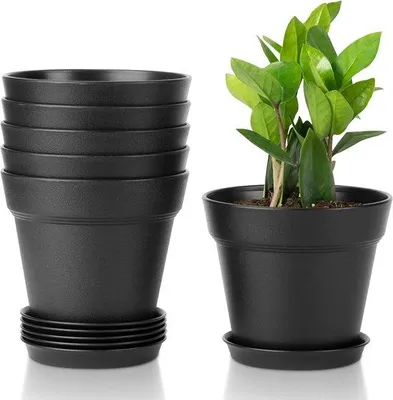 Produktbild von Unyqoos® Kunststoff-Blumentopf mit Untersetzer, Ø 12,5 cm, 6er-Set, rund, mit Abflusslöchern, Indoor & Balkon, schwarz
