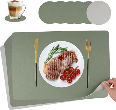 Produktbild von PolkaHome® Set von 6 Tischsets, abwischbar, mit Untersetzern, hitzebeständig, doppelseitig, rutschfest, Lederoptik, 43 x 30 cm