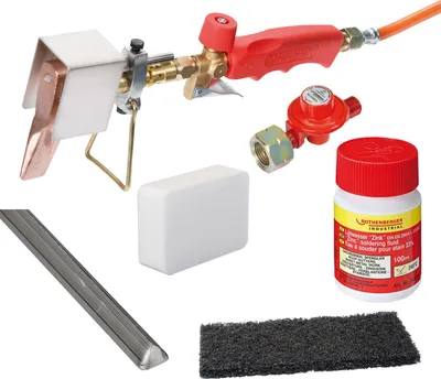 Produktbild von ROTHENBERGER Industrial Dachrinnen-Lötset inkl. Propan-Konstantregler Rolot Lötwasser Salmiakstein & Rovlies - 1500004466