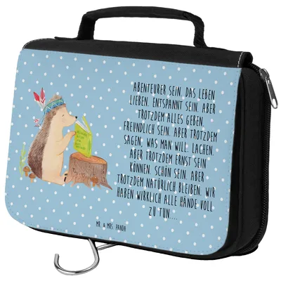 Produktbild von Mr. & Mrs. Panda Kosmetiktasche Igel Federschmuck - Blau Pastell - Geschenk, Tiere, Indianer, beautycase, Abenteuer, Kosmetikbeutel, Camping, kulturtäschchen, Lagerfeuer