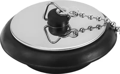 A close-up studio shot of a sink stopper with a metal chain.