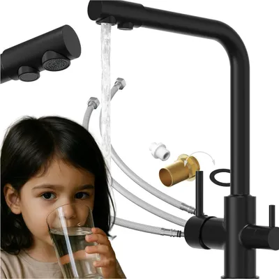 Produktbild von Granitan | Küchenarmatur Flow - 3-Wege - Schwarz - Mit Filter - Drehbare Auslauf - Platzsparend