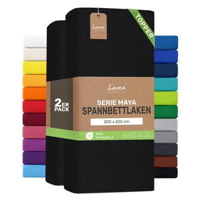 Zdjęcie produktu dla Zestaw 2 sztuk prześcieradeł elastycznych Lavea® o wymiarach 200x220 cm, wykonanych w 100% z bawełnianej dzianiny – do materacy o grubości do 10 cm – miękkie, czarne