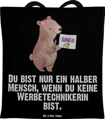 Produktbild von Mr. & Mrs. Panda Tote Bag Werbetechnikerin Herz - Schwarz - Geschenk, Stoffbeutel, Unitasche, Beutel, Laptoptasche, Shopping Tasche