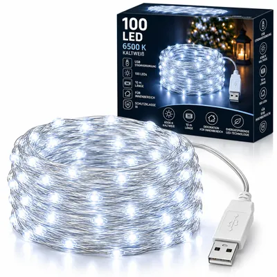 Produktbild von MasterLED LED Lichterkette Weihnachten 10m - 100 LED - 6500K Kaltweiß - Innen Deko - strahlendes Winterlicht - USB