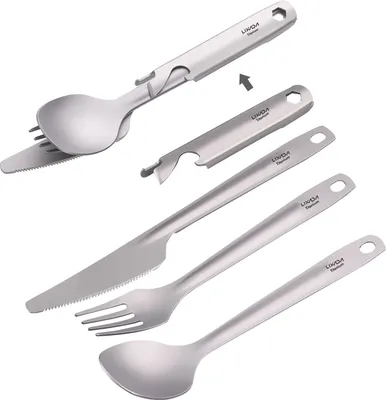 Produktbild von Lixada 4-in-1 Titan Besteck Besteck Set Leichter Essloeffel Gabelschneider mit multifunktionalem Aufbewahrungshalter Flaschenoeffner fuer Camping Wandern Rucksack Picknick