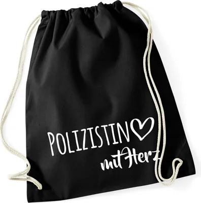 Produktbild von Huuraa Turnbeutel Polizistin mit Herz 12 Liter Black Baumwolle Rucksack Geschenkidee