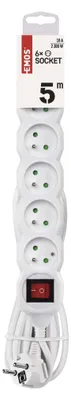 Prodlužovací kabel 5 m / 6 zásuvek / s vypínačem / bílý / PVC / 1 mm2
