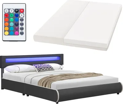 A collage of a bed frame with LED lighting, a mattress, and a remote control.